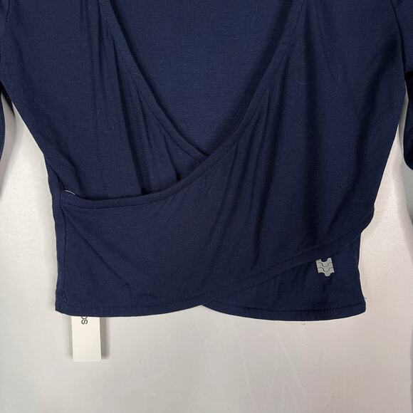 New Ododos Small Navy Blue Cropped Cross Wrap Front Long Sleeve Top Deep V Neck - Picture 4 of 10